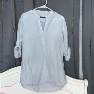 Zara man 3/4 button up top light blue/ white